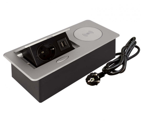 Удлинитель встраиваемый настольный, 1 гнездо, 2*USB, беспроводная зарядка, серый SETE SBT-1UCW-80
