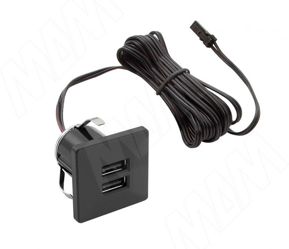 Розетка USB врезная квадратная, 2USB, черный