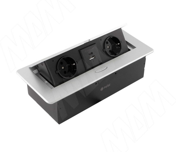 Выдвижной блок розеток, 265*118 мм, 2 розетки, 1 USB, 1 USB Type-C, быстрая зарядка, серебро PU-S-2S1A1C-F-AL