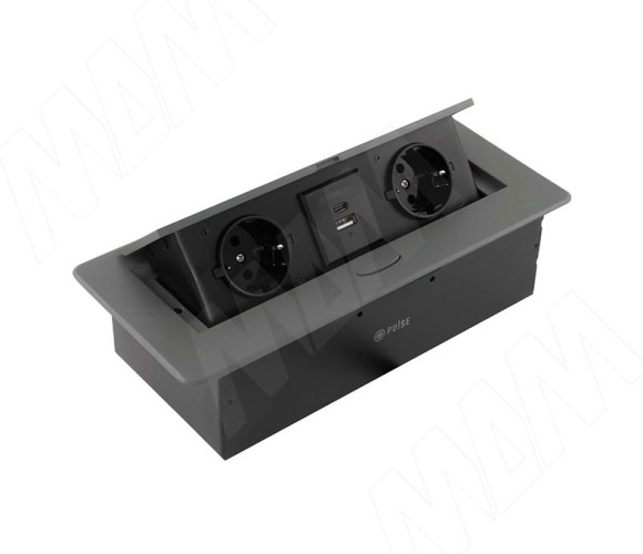 Выдвижной блок розеток, 265*118 мм, 2 розетки, 1 USB, 1 USB Type-C, быстрая зарядка, графит PU-S-2S1A1C-F-GR